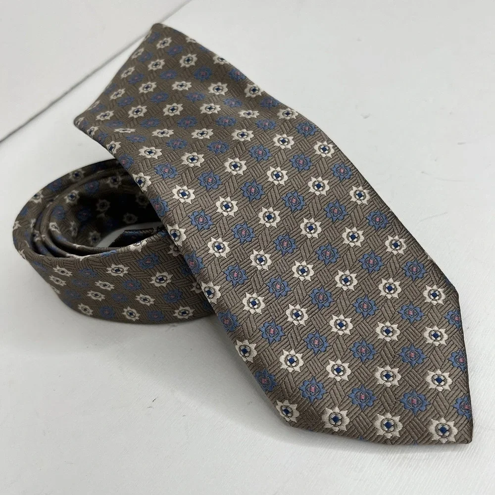 OAKTON LTD. Men's Tie Geometric Taupe Periwinkle Blue Cream Print Preppy Wedding